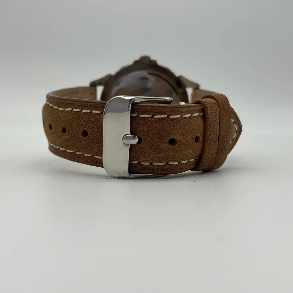 Vintage Guess Mens Watch 38mm White Dial Brown Leather Moonphase New Battery